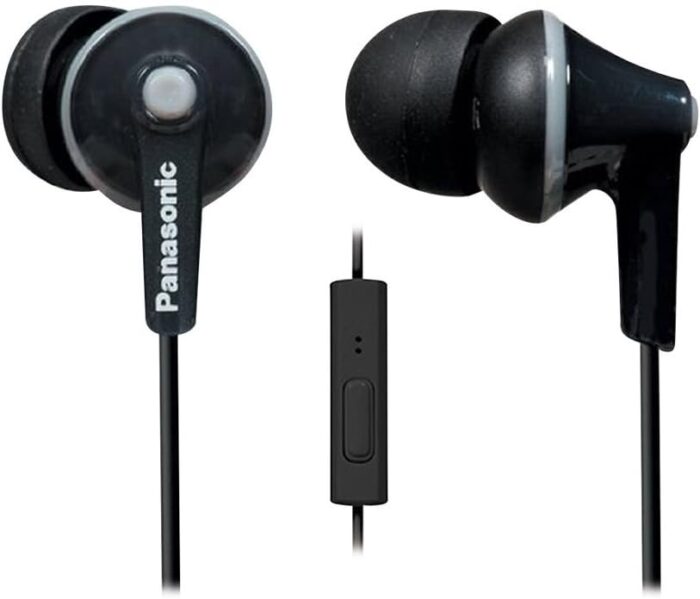 Panasonic ErgoFit Wired Earbuds, In-Ear Headphones with Microphone and Call Controller, Ergonomic Custom-Fit Earpieces (S/M/L), 3.5mm Jack for Phones and Laptops - RP-TCM125-K (Black)