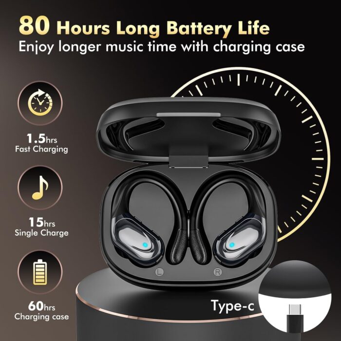 Wireless Earbuds Sport Bluetooth Headphones 5.3, 80Hrs Stereo New Bluetooth Earbuds with HD Mic, Earbuds with Earhooks ENC Noise Canceling Earphones, IP7 Waterproof Headset for Sports/Workout/Running - Image 3