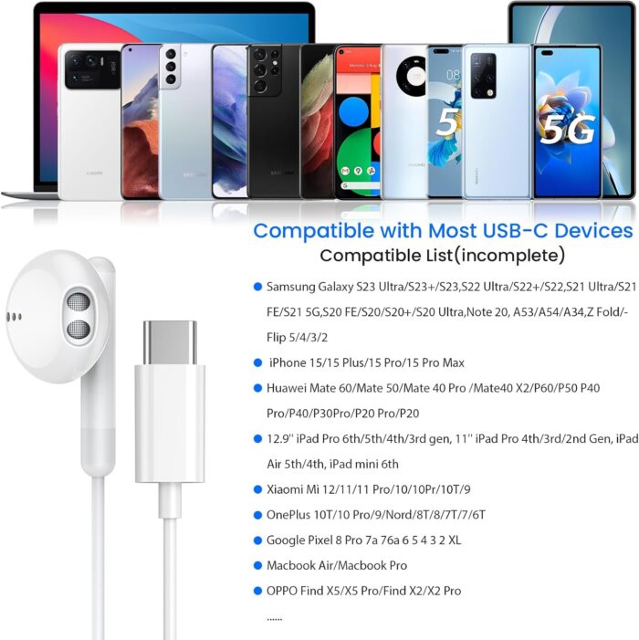 USB C Headphones for iPhone 16 15 Pro Max Plus iPad Pro USB C Earphones with Microphone Volume Control USB C Wired Earbuds USB Type C Earphone for Google Pixel 8 7 6A 5 Samsung S24 S23 S22 S21 S20 A55 - Image 5