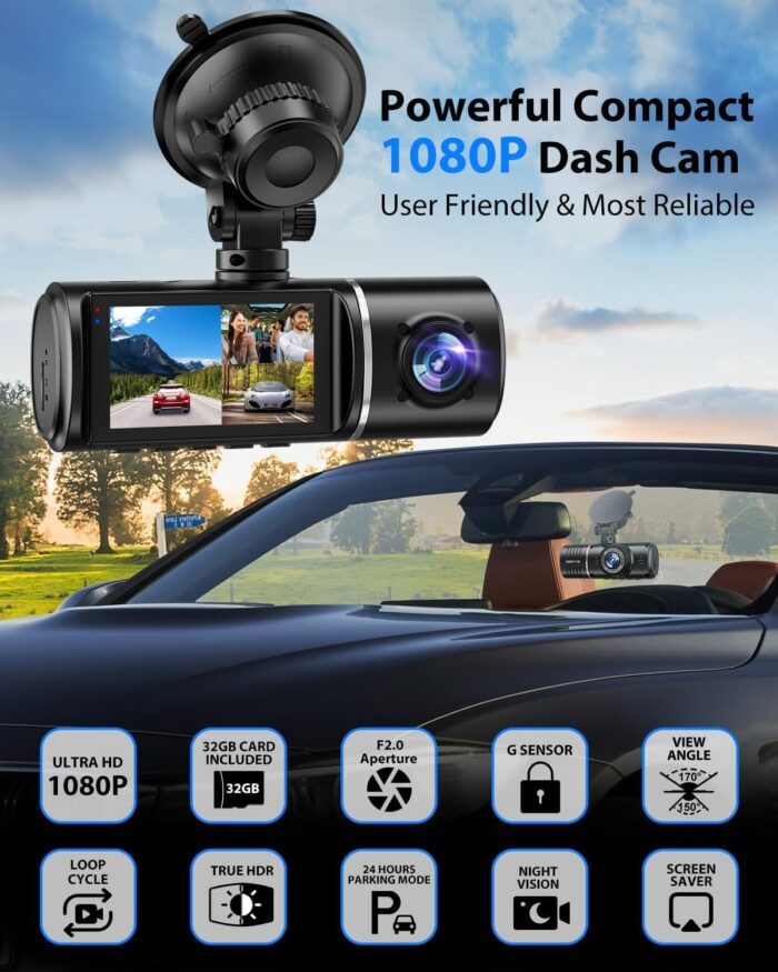 Dash Cam Front and Rear Inside, 3 Channel Dash Camera for Cars, 1080P Car Dash Cam, Triple Dash Cam, Dash Camera with 32GB Card, Loop Recording, HDR, G-Sensor, 24Hr Parking - Image 3