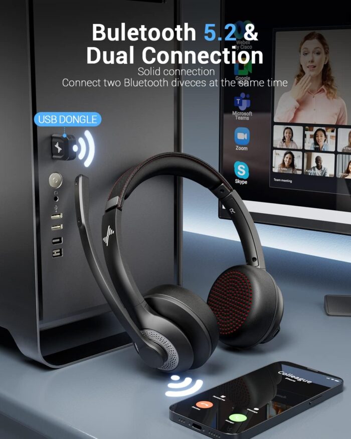 Wireless Headset with AI Noise Cancelling Microphone Bluetooth Headset - Bluetooth V5.2 Headphones with USB Dongle & Mic Mute for Computer/Laptop/PC/iPhone/Android/Cell Phones/Zoom - Image 2