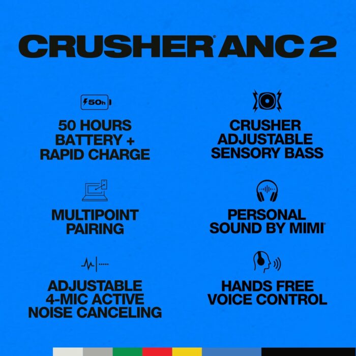 Skullcandy Crusher ANC 2 Over-Ear Noise Canceling Wireless Headphones with Sensory Bass and Charging Cable, 50 Hr Battery, Skull-iQ, Alexa Enabled, Microphone, Works with Bluetooth Devices - Black - Image 4