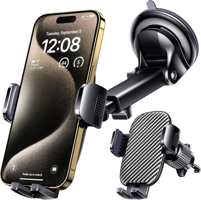 Qifutan Car Phone Holder Mount Phone Mount for Car Windshield Dashboard Air Vent Universal Hands Free Automobile Cell Phone Holder Fit for iPhone Smartphone Carbon Fiber